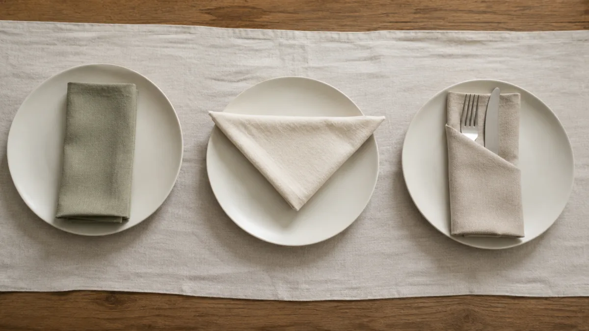 Three simple napkin folds on dinner plates