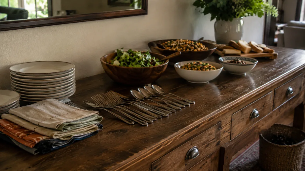 Buffet table with stacked napkins and flatware