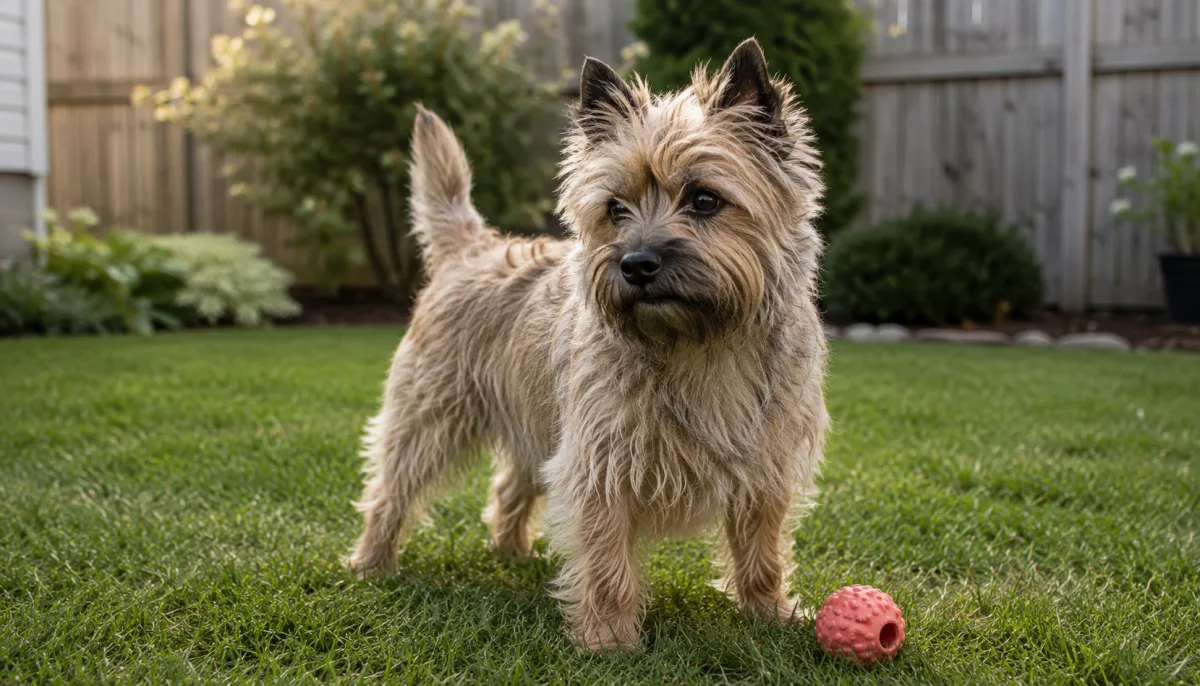 Cairn Terrier alert in a backyard near a toy