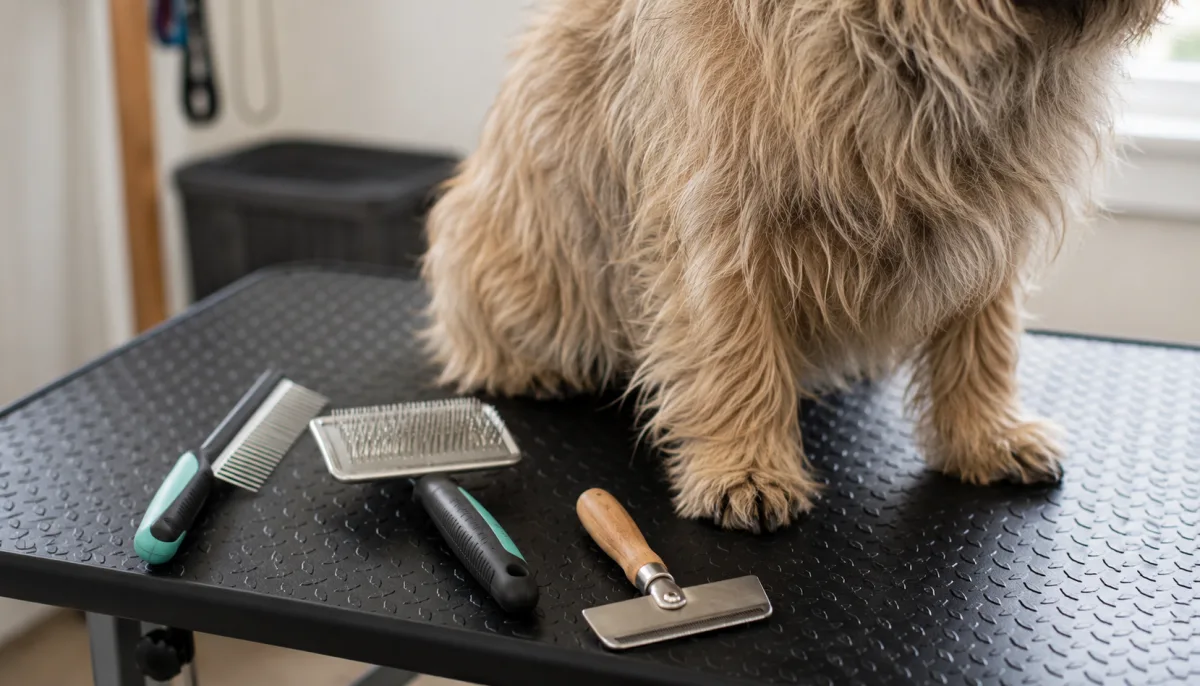 Cairn Terrier grooming tools and wiry coat close-up