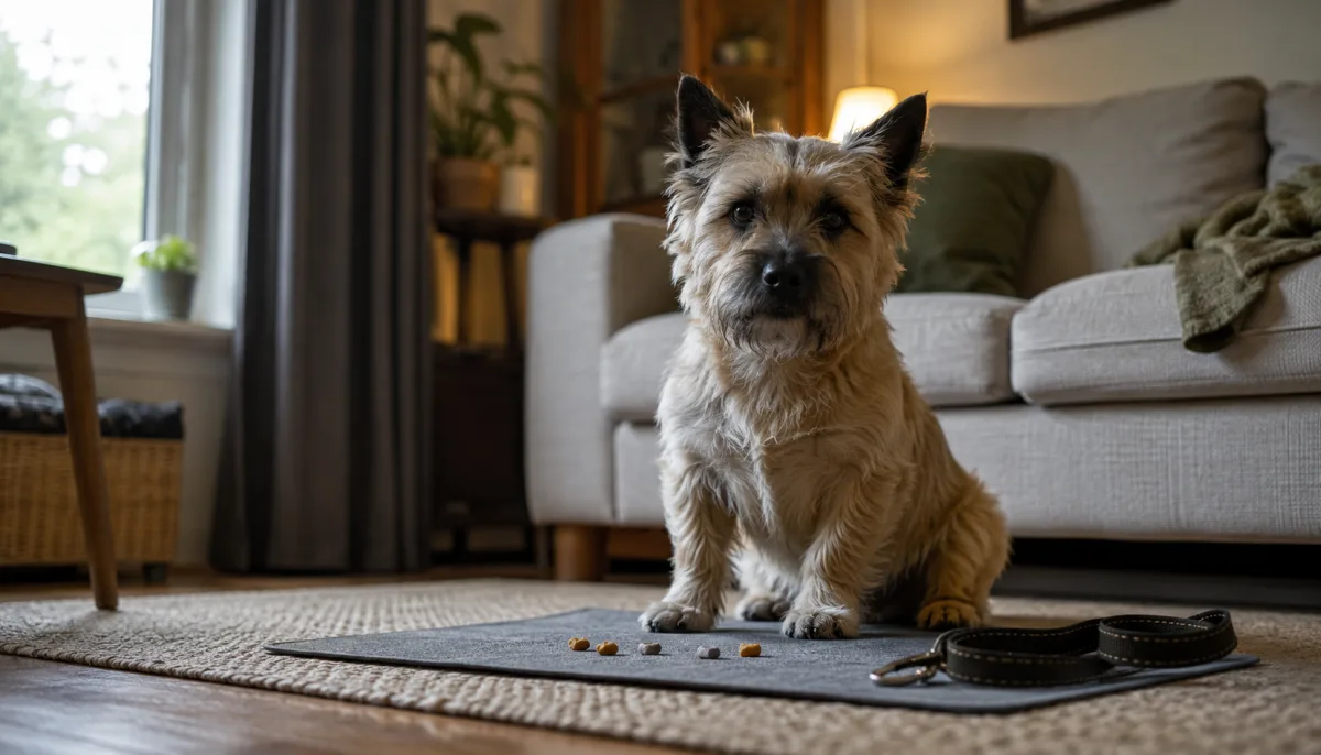 Cairn Terrier training with treats on a mat