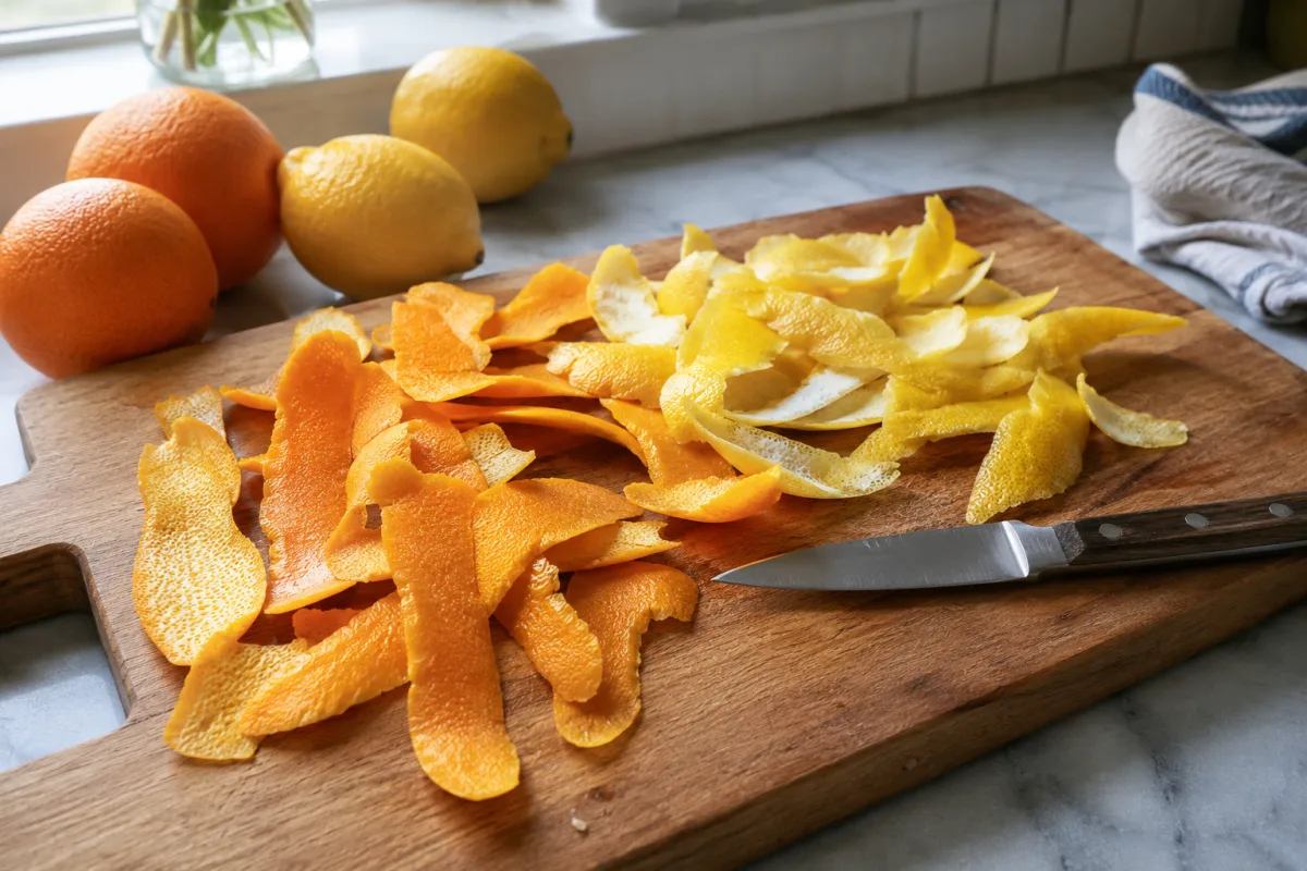 Orange peel strips on a cutting board beside a sharp knife