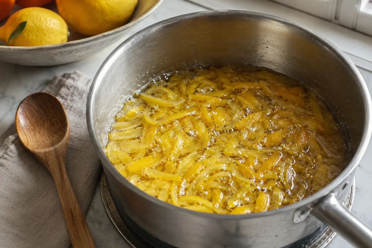Citrus peel strips simmering gently in clear sugar syrup