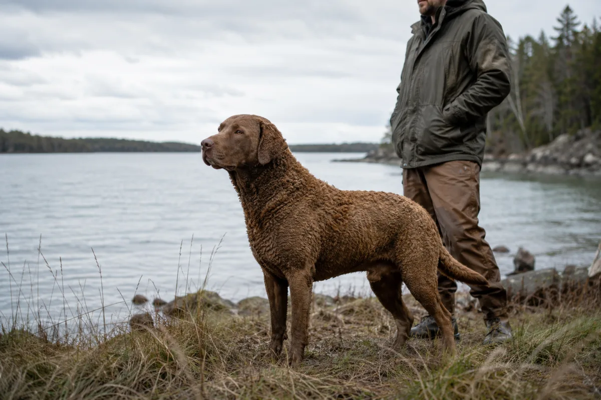 Chesapeake Bay Retriever standing calmly near water