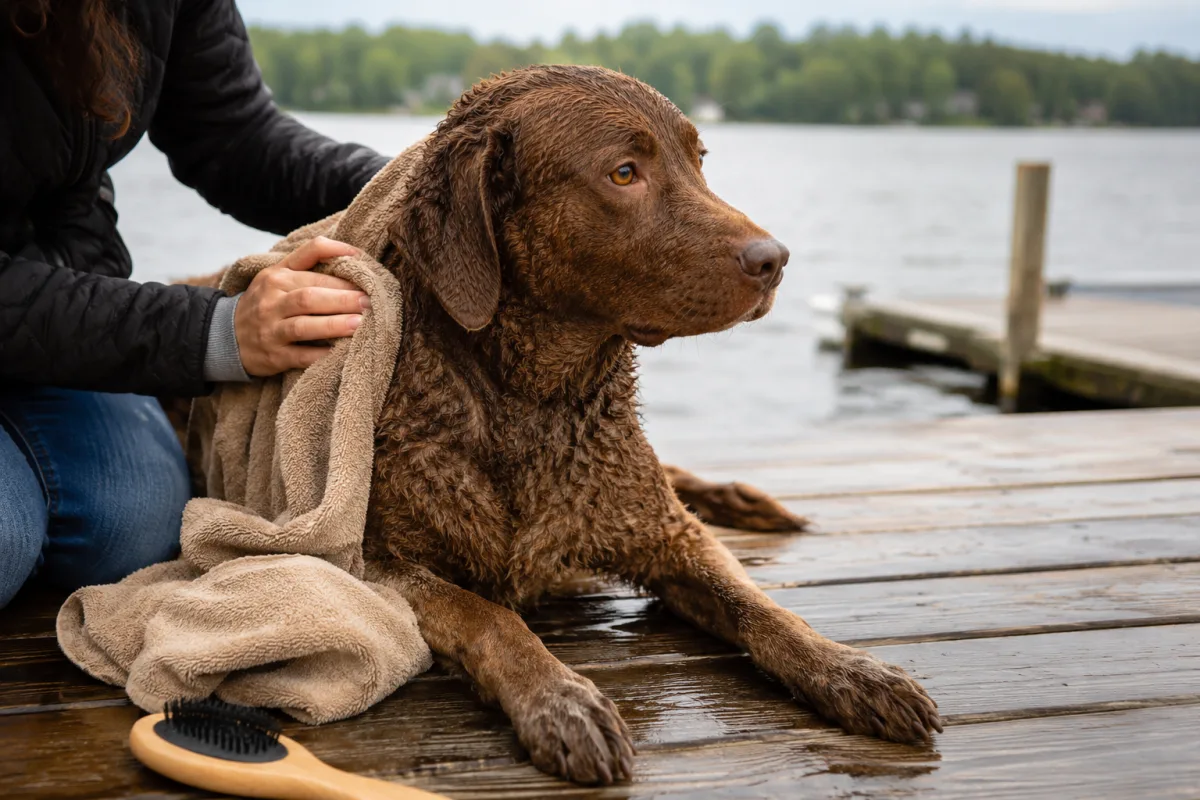 Chesapeake Bay Retriever coat drying after swim