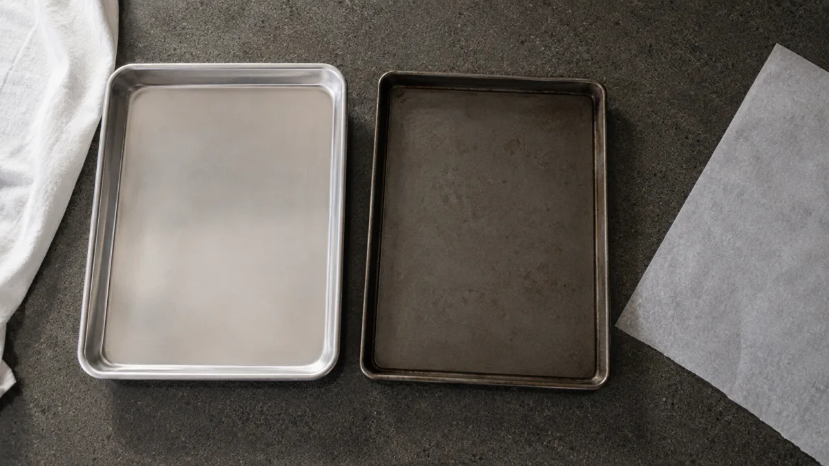 Rimmed sheet pan beside flat cookie sheet