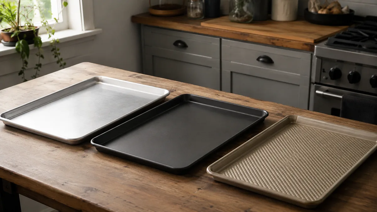 Natural aluminum and dark nonstick baking sheets