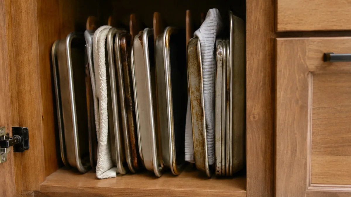 Used baking sheets stored upright in a kitchen cabinet