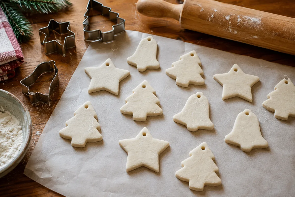 Salt dough Christmas ornaments cut with cookie cutters before baking