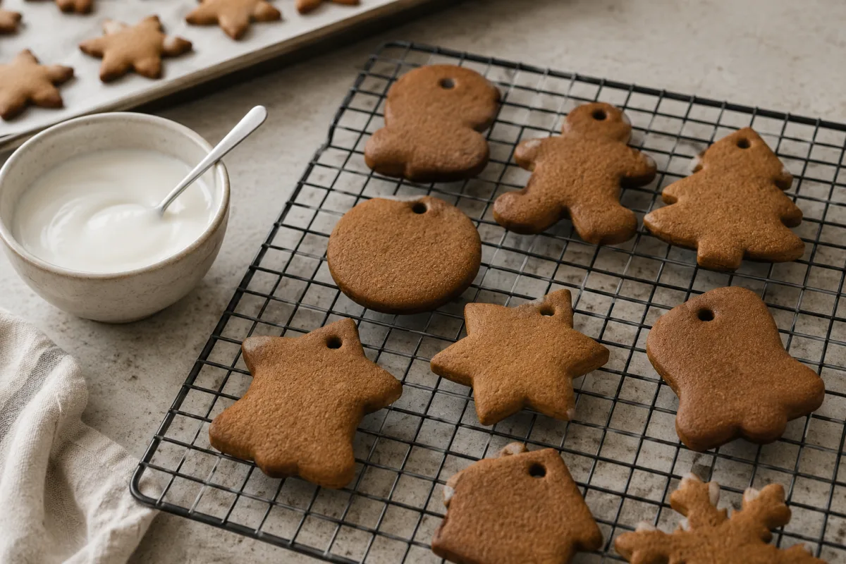 Baked gingerbread cookie ornaments cooling with ribbon holes