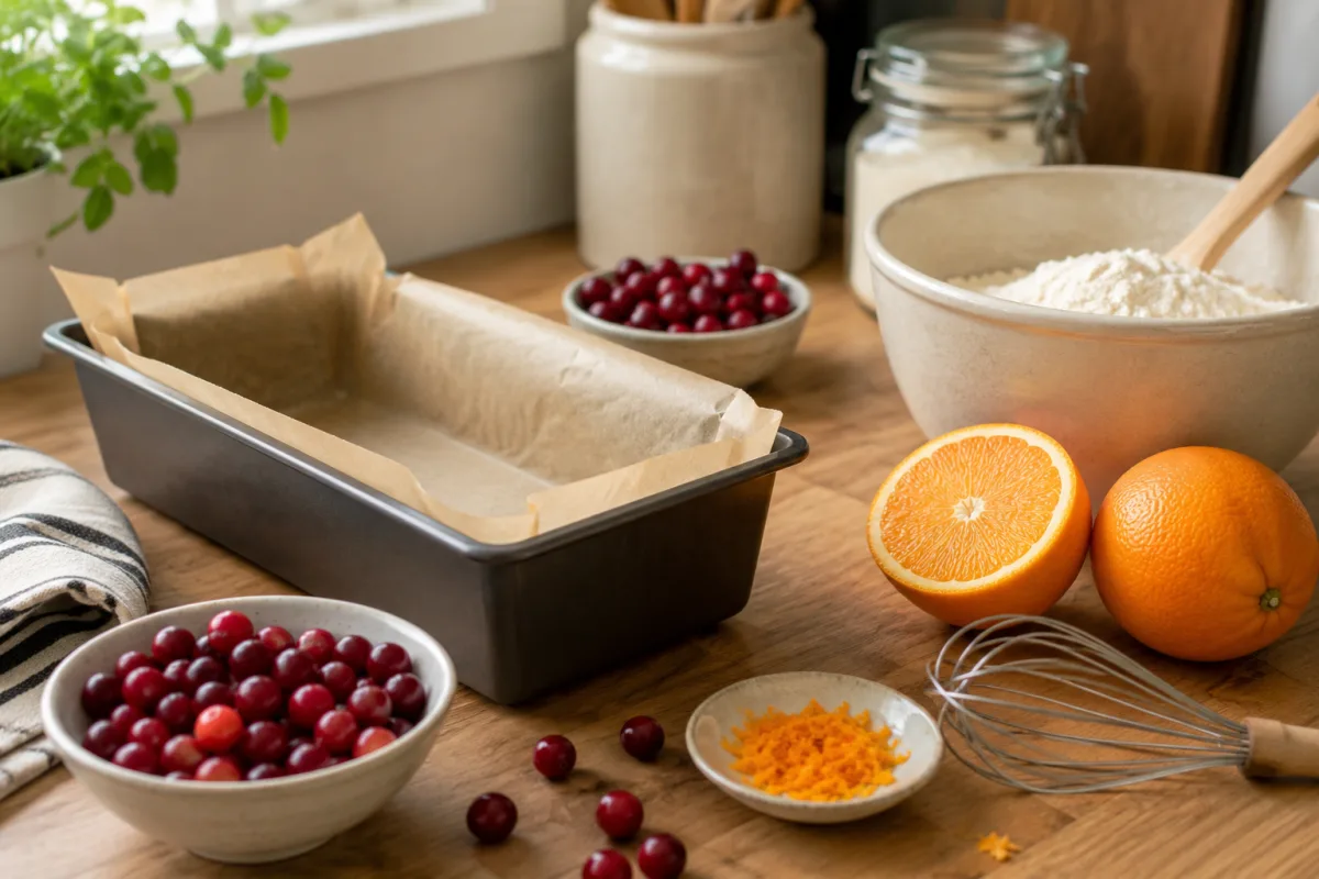 Loaf pan prepared for cranberry bread