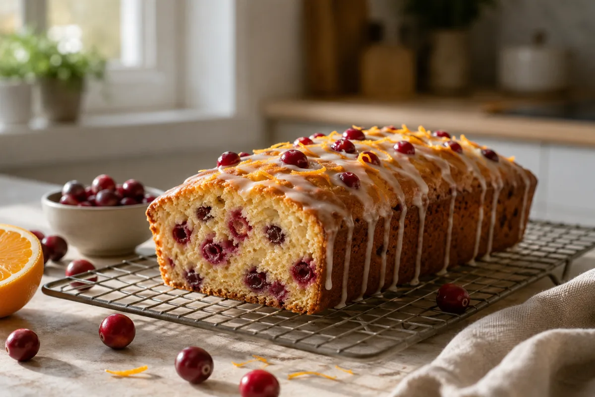 Orange glaze poured over cranberry bread