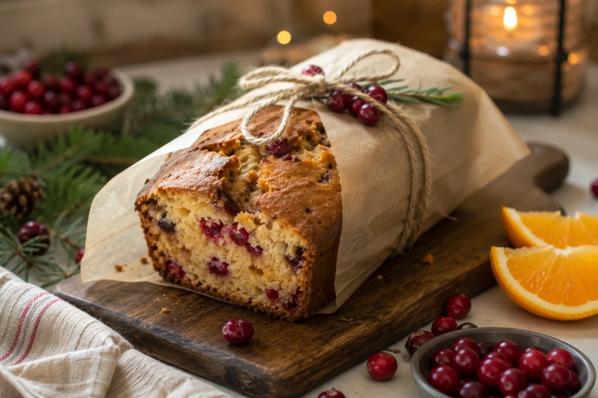 Wrapped Christmas cranberry bread for gifting