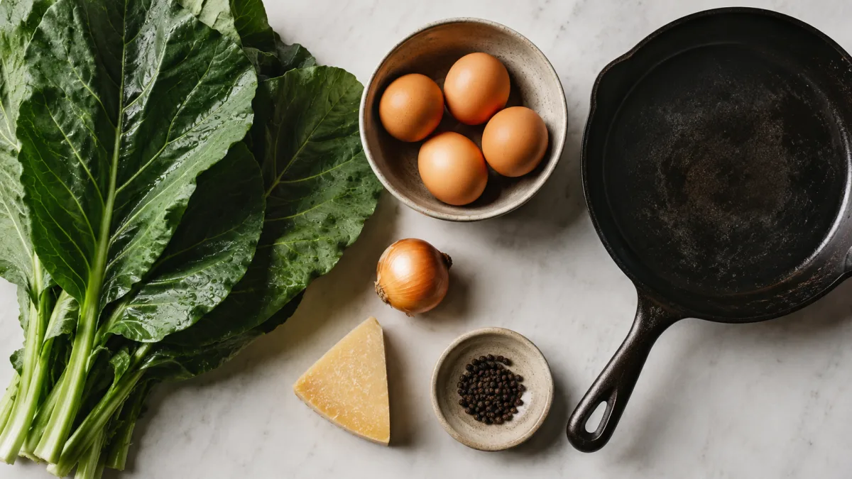 Collard greens omelet ingredients on a kitchen counter