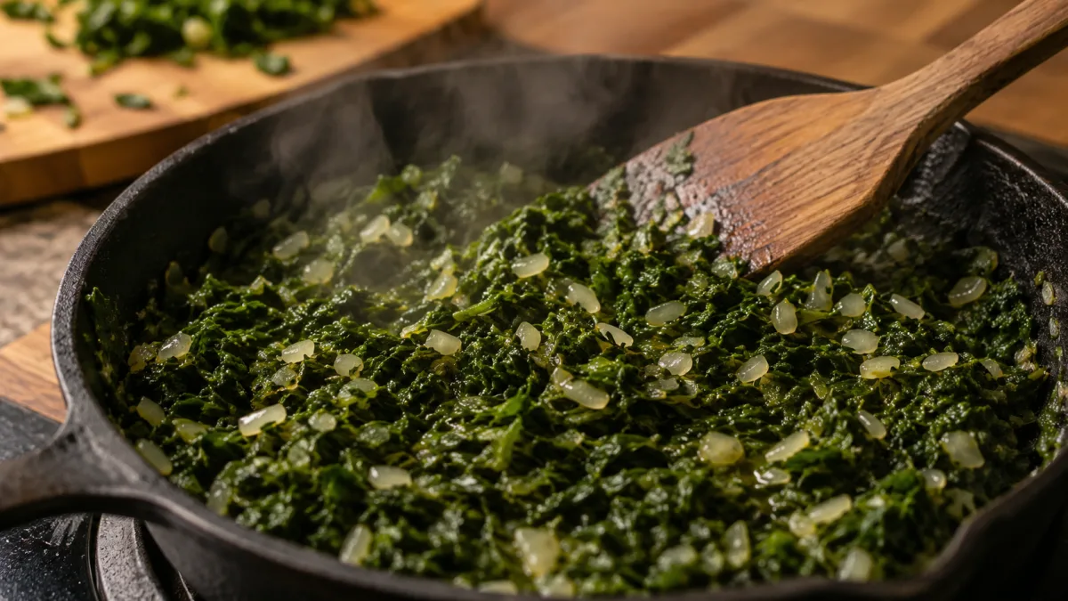 Chopped collard greens cooking in a skillet