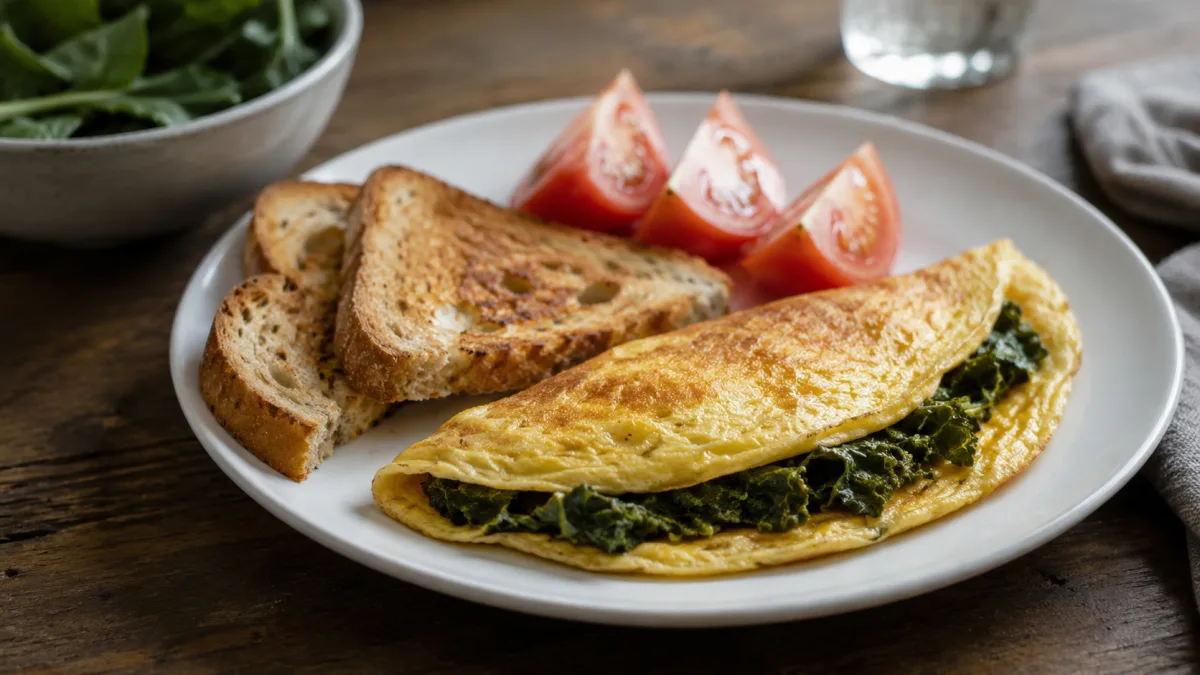 Folded omelet with collard greens filling on a plate