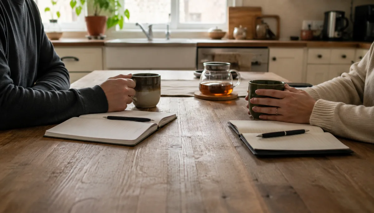 Couple sitting apart at a kitchen table with notebooks