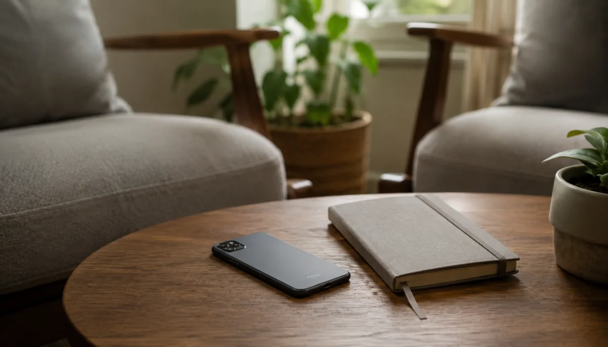 Phone face down beside a closed notebook during a serious conversation