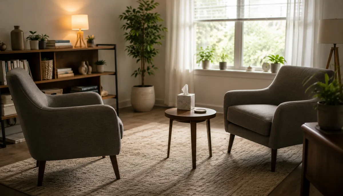 Neutral counseling room with two chairs and tissues