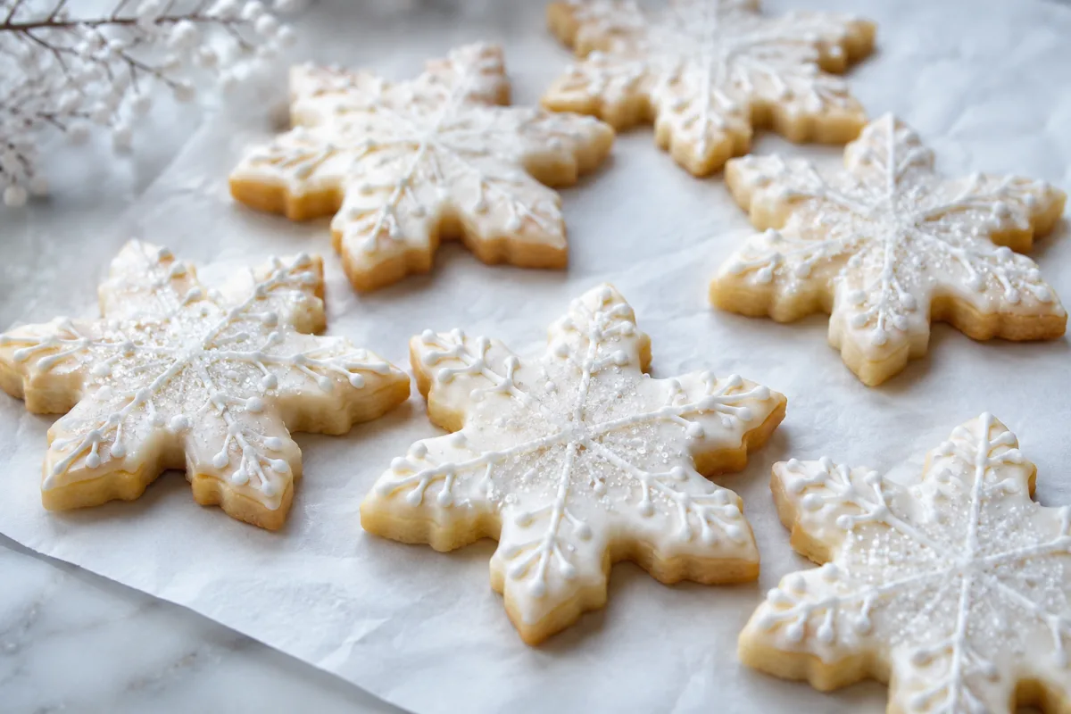 Winter Queen cookies with pale icing and sugar crystals