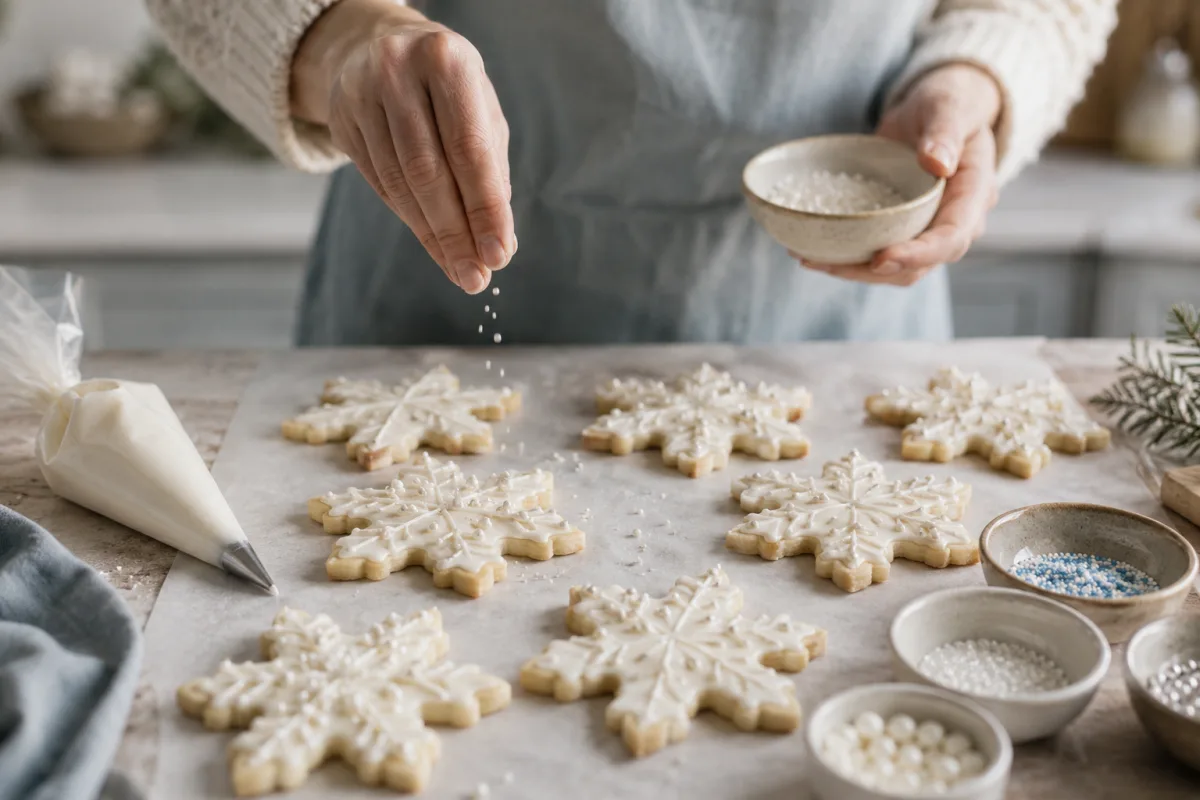Decorating pale winter snowflake cookies at home