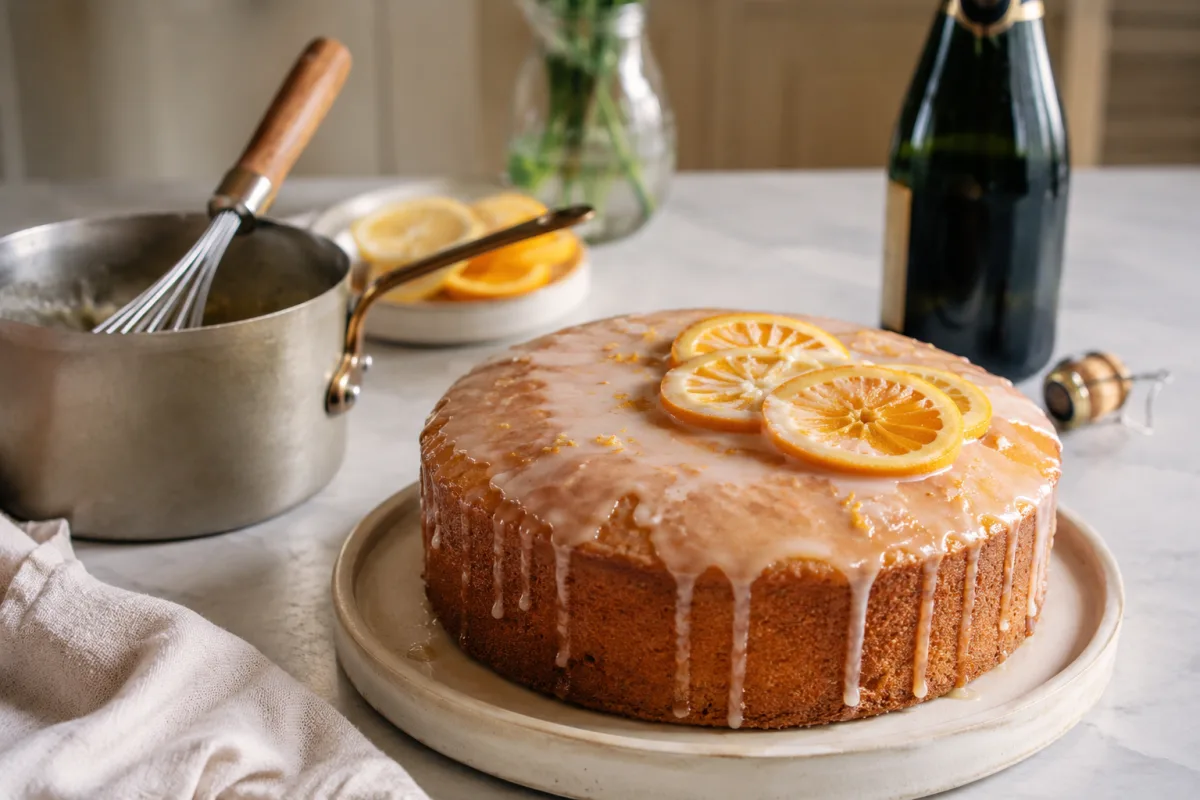 Champagne glaze being spooned over a dessert