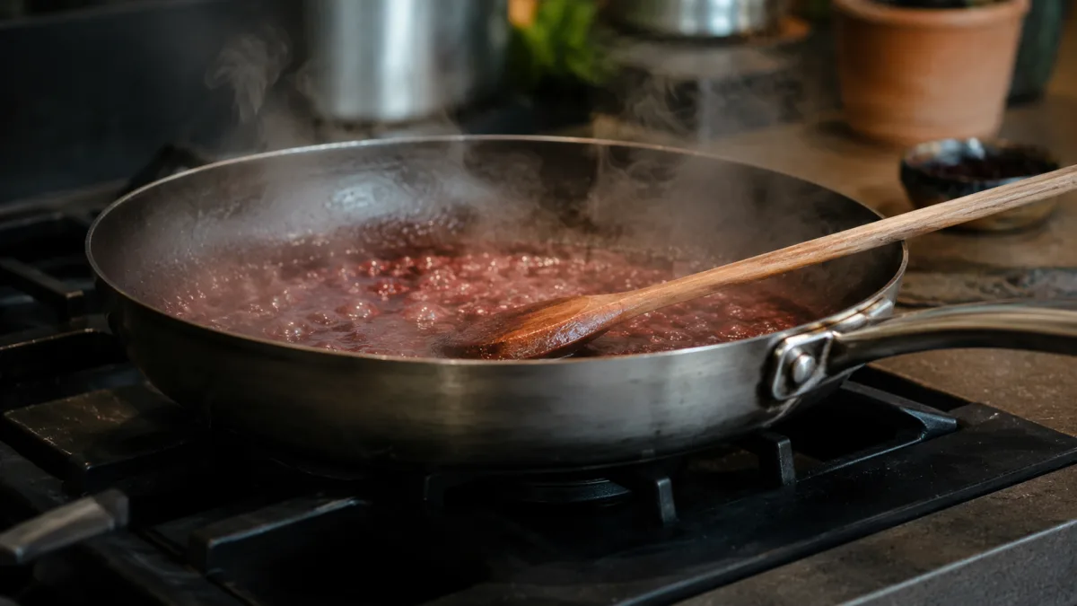 Wine reduction simmering in a pan