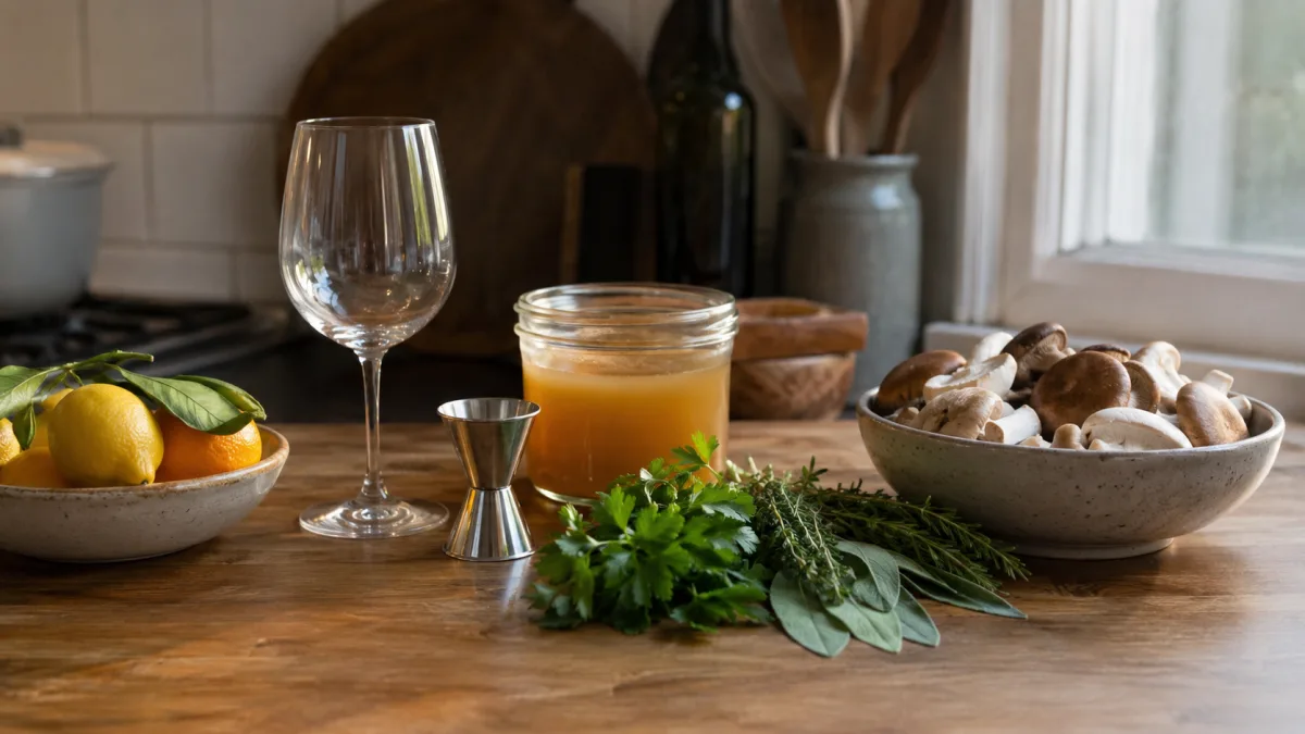 Cooking wine and liqueur ingredients arranged