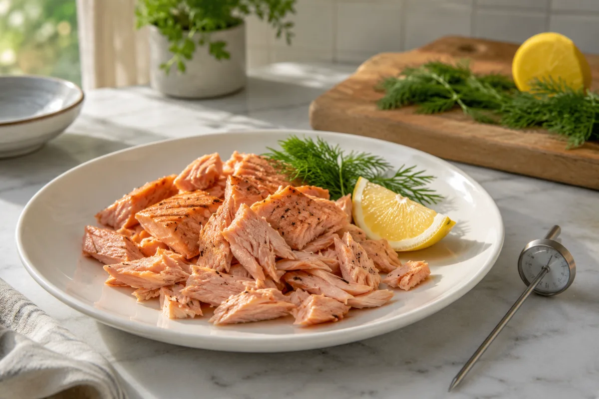 Cooked salmon flakes ready for savory crepe filling
