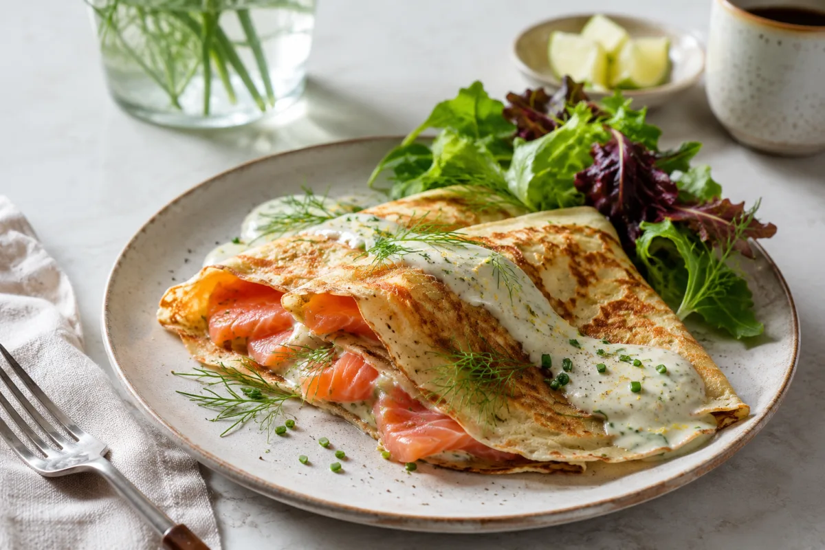 Salmon crepes plated with lemon lime chiffon sauce