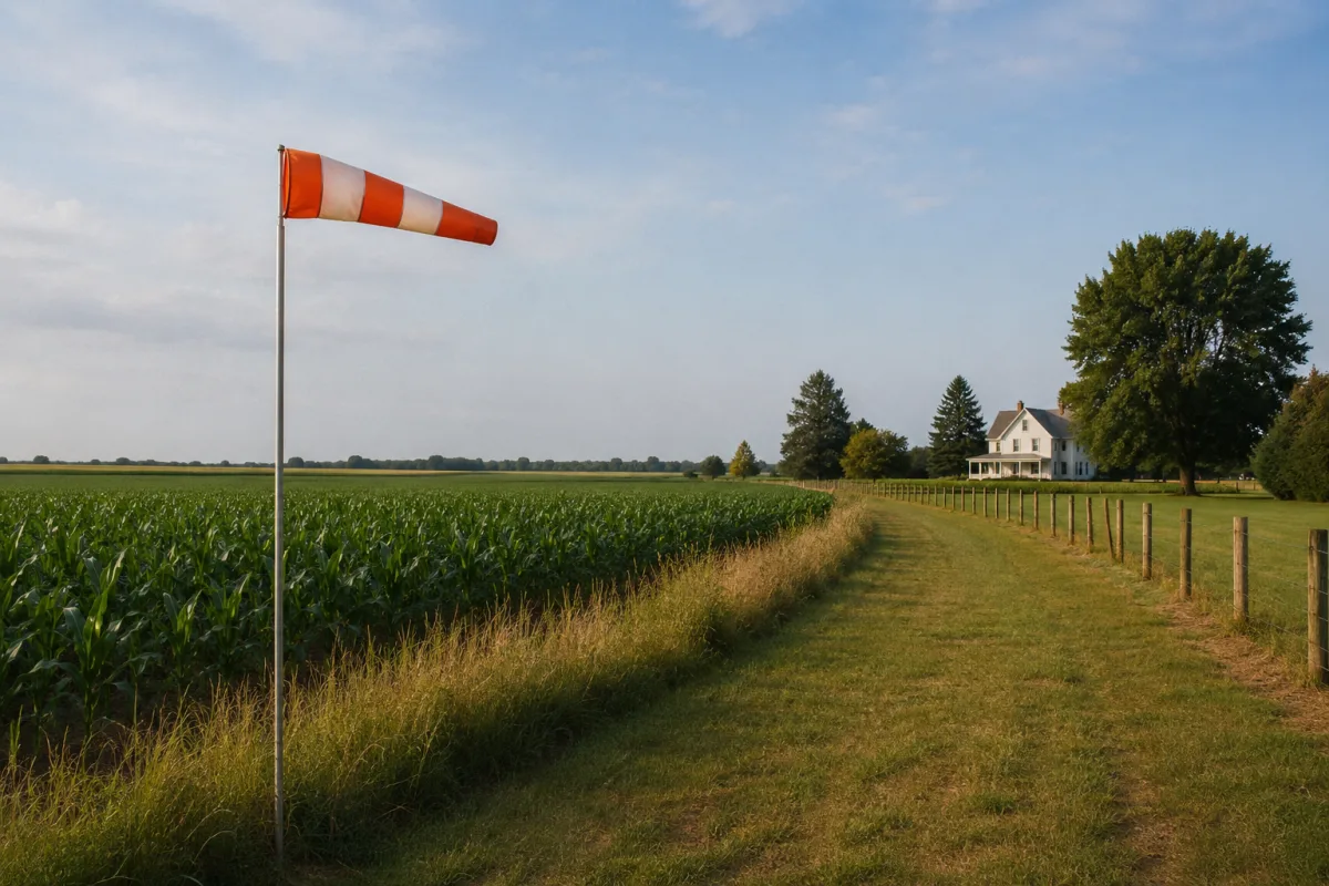 Farm field edge showing spray drift risk conditions