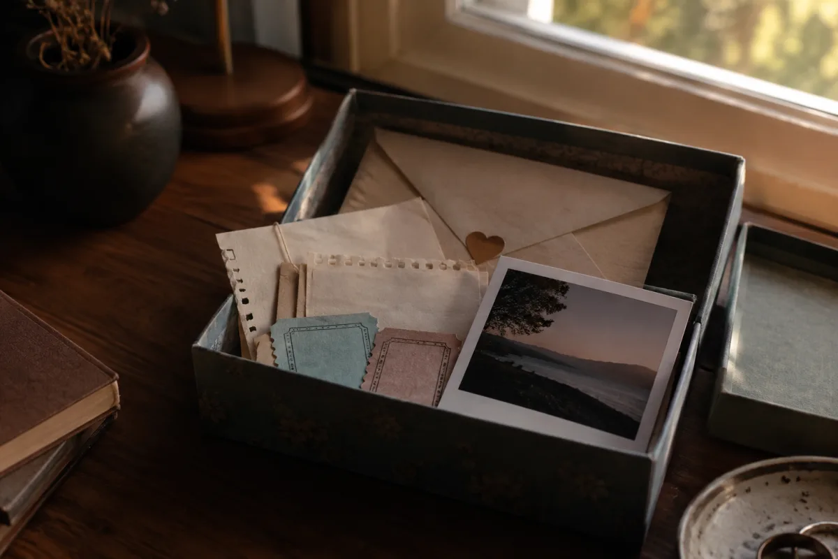 Couple memory box with tickets, notes, and anniversary photo