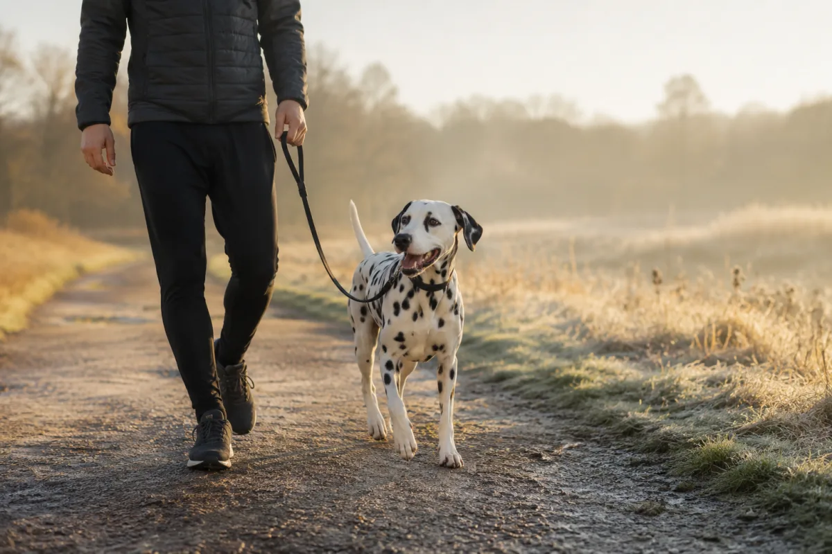 Dalmatian exercising with owner on a trail