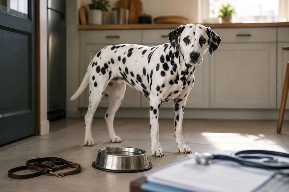 Dalmatian beside fresh water bowl for urinary health