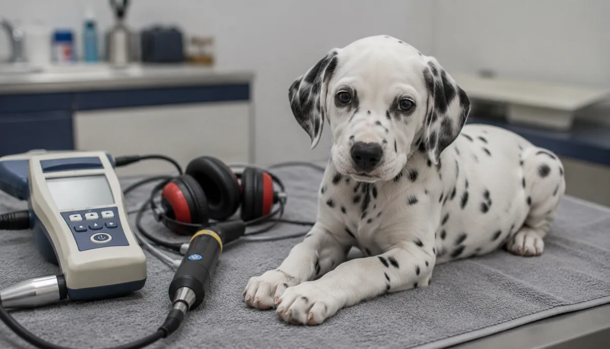 Dalmatian puppy in a calm veterinary hearing check setting
