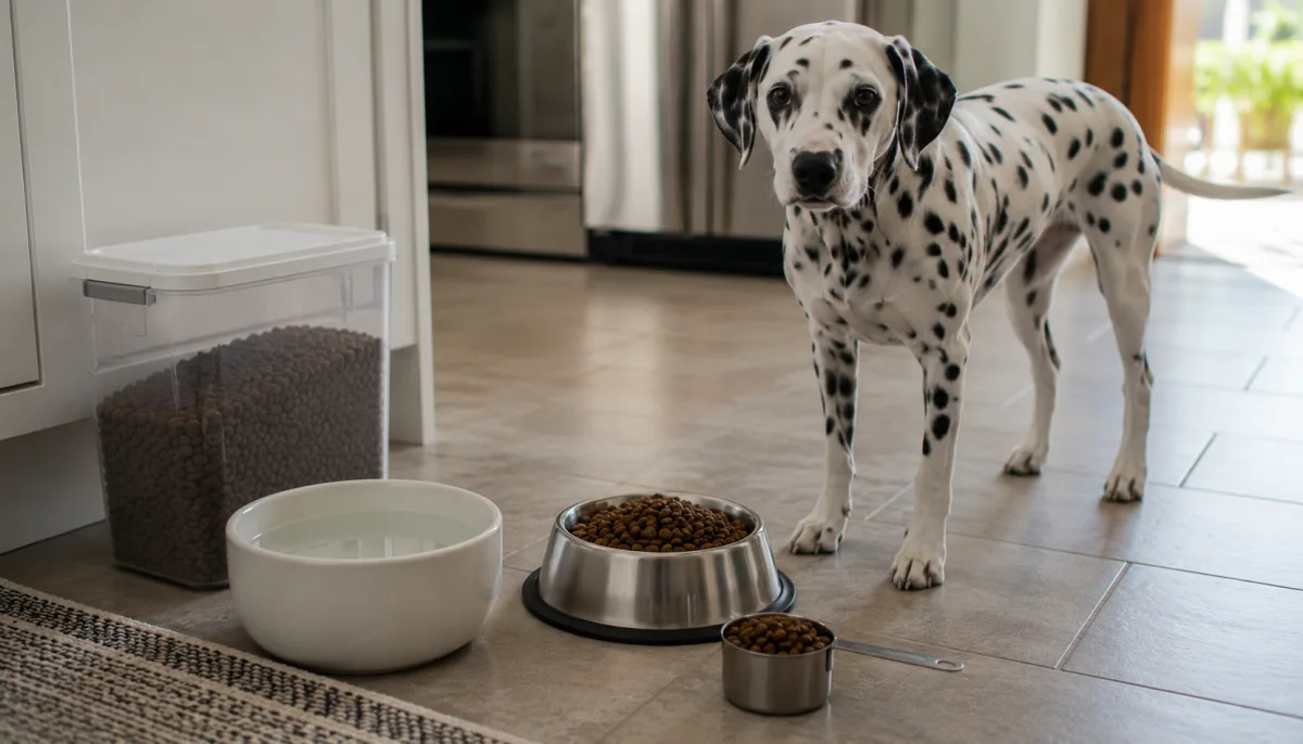 Dalmatian water bowl and measured food in a bright kitchen