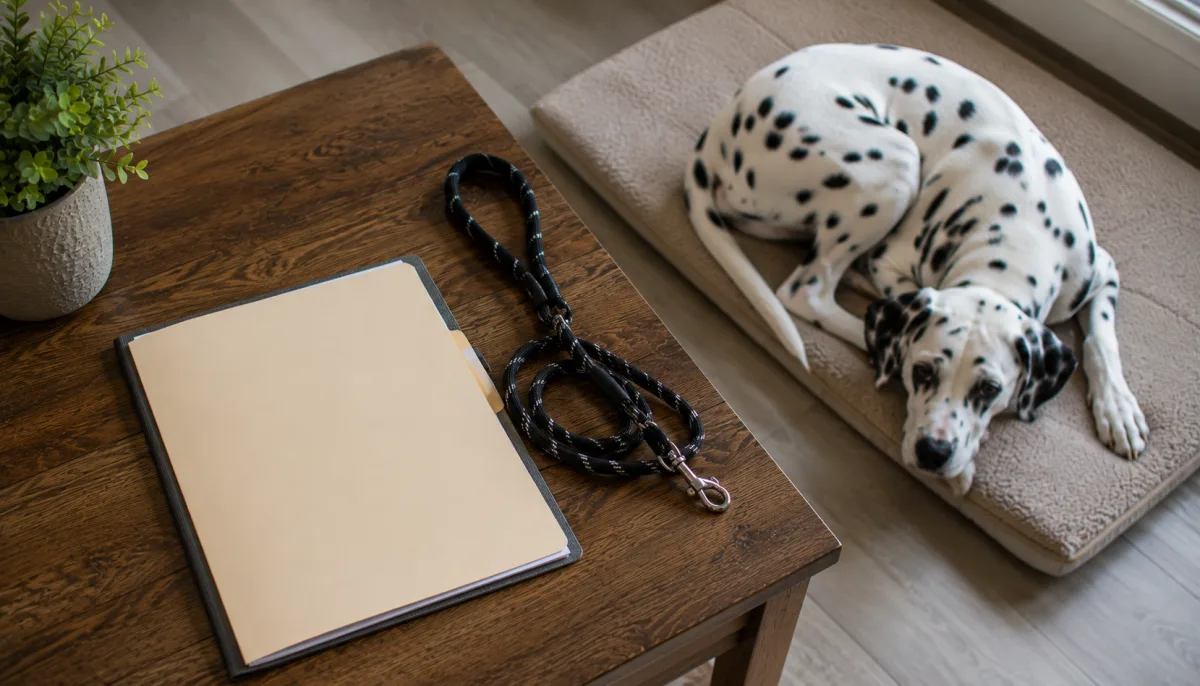 Dalmatian records folder with leash and spotted dog in background