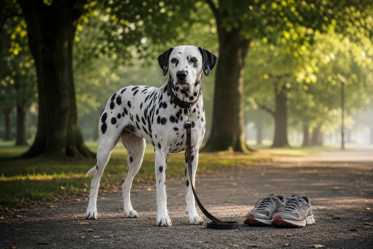 Dalmatian on a loose leash beside running shoes on a shaded path