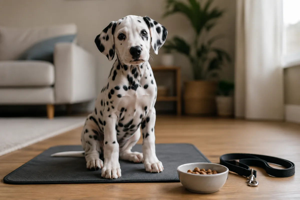 Dalmatian puppy practicing sit on a mat with training treats nearby