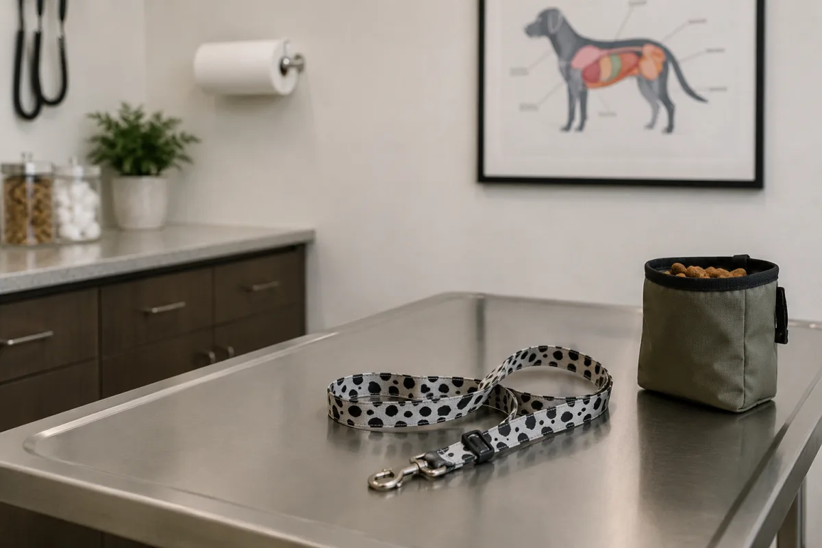 Veterinary exam room with Dalmatian health notes, leash, and treat pouch