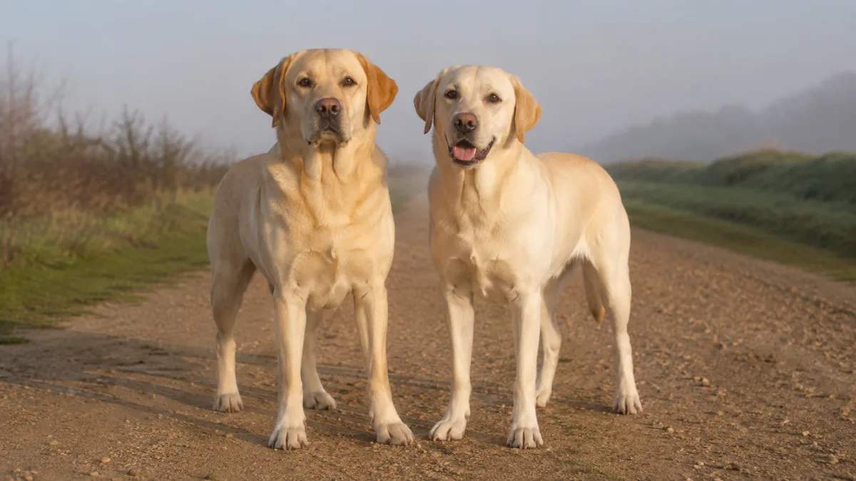 Two Labrador Retrievers standing side by side for size comparison