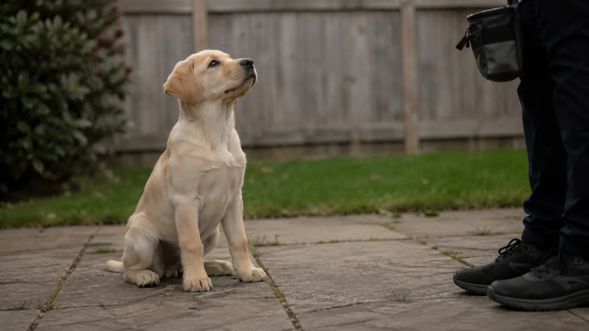 Labrador puppy calmly watching a trainer with treats