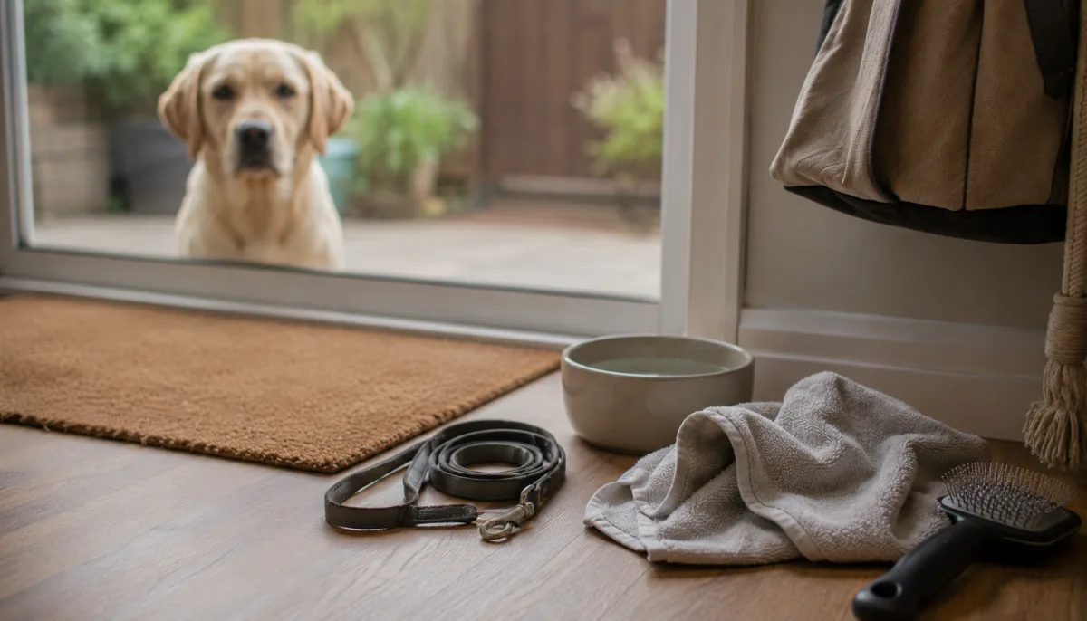 Family preparing Labrador leash, towel, and brush by a door