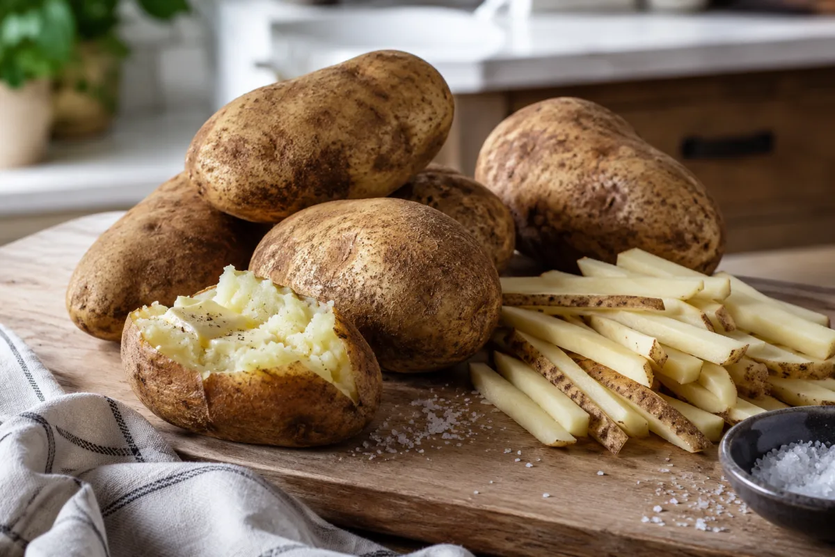Russet potatoes ready for baking and frying