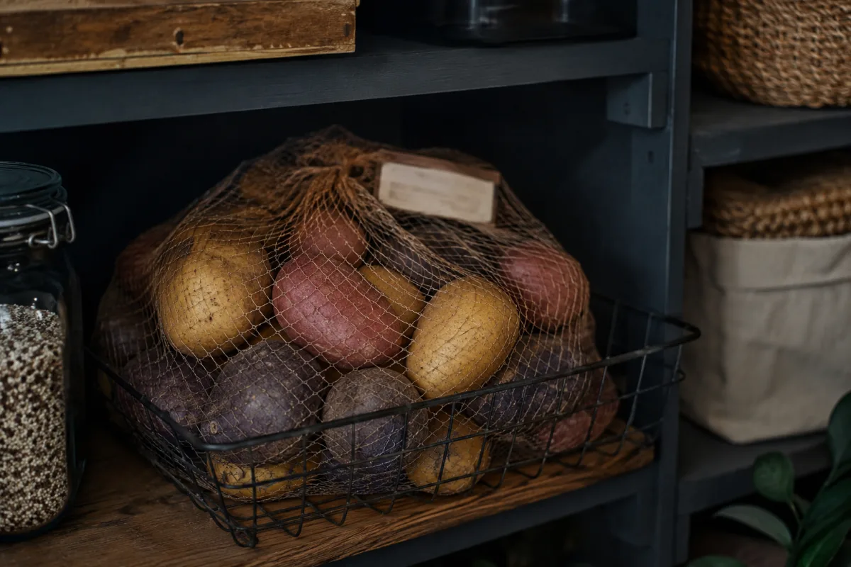 Potatoes stored in a breathable bag in a dark pantry