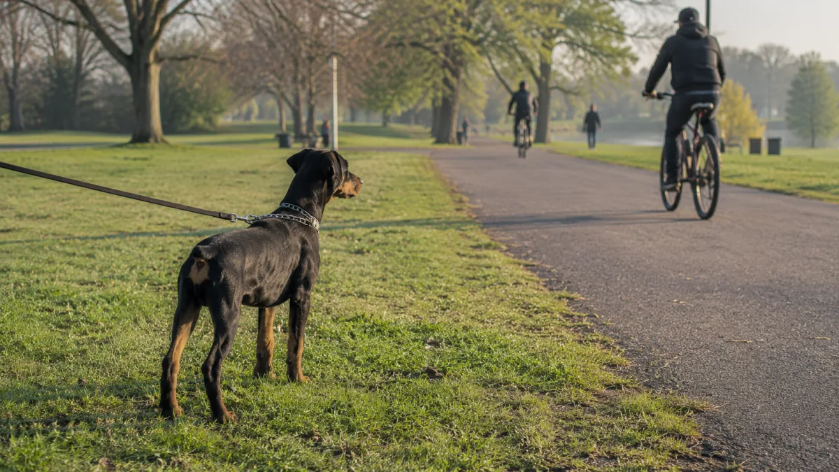Doberman puppy calmly observing a park path