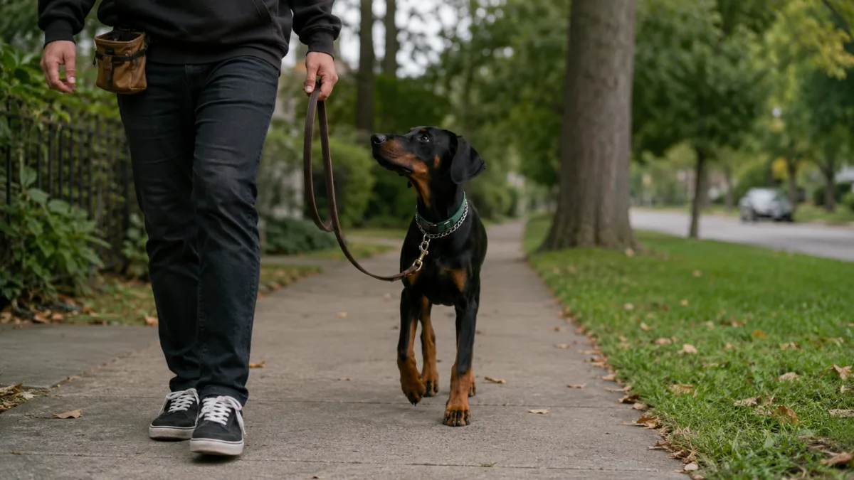 Young Doberman practicing leash manners