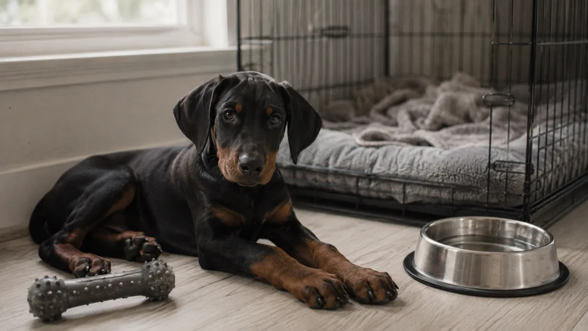 Doberman puppy resting beside an open crate