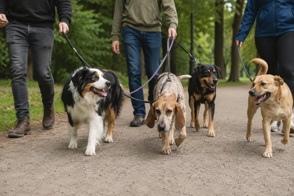 Healthy active dog breeds walking with owners in a park