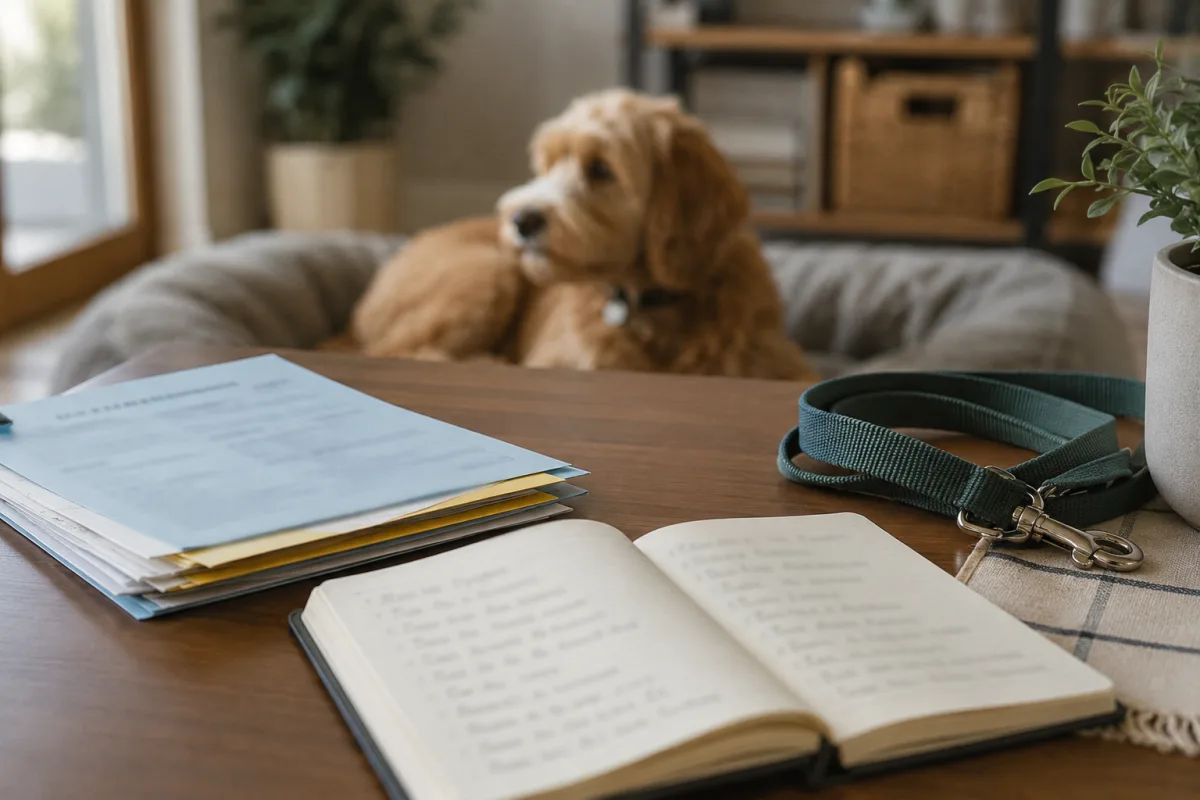 Dog breeder health records and puppy questions on a table